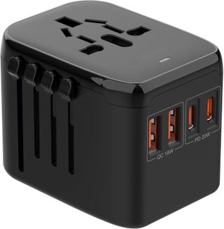 Weltweiter Universal-Reiseadapter mit 2 USB-C PD, 2 USB-A QC und mehreren AC-Steckdosen, All-in-One-internationaler Netzadapter unterstützt schnelles Aufladen von Gan Tech für EU, USA, UK und über 200 schwarze Länder