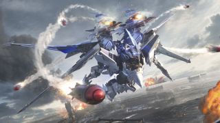 Mecha Break Mission Tokens: Artwork of a mech flying forwards while firing a volley of rockets.