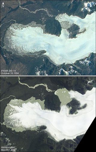 Two views of the San Quintin glacier, one from 1994 and one from 2002. These astronaut photographs reveal how quickly the glacier is retreating.