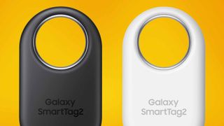 Two Samsung Galaxy SmartTag2 trackers on an orange background