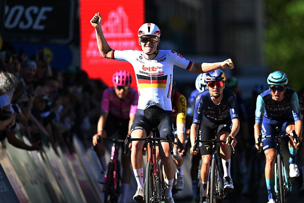 FRANKFURT AM MAIN, GERMANY - MAY 01: (L-R) Georg Zimmermann of Germany and Team Lotto Intermarche celebrates at finish line as race winner ahead of Tom Pidcock of Great Britain and Team Pinarello Q36.5 Pro Cycling during the 63rd Eschborn-Frankfurt 2026 a 211.4km one day race from Eschborn to Frankfurt am Main / #UCIWT / on May 01, 2026 in Frankfurt am Main, Germany. (Photo by Christian Kaspar-Bartke/Getty Images)