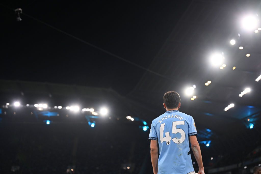 Abdukodir Khusanov of Manchester City looks on during the Premier League match between Manchester City FC and Chelsea FC at Etihad Stadium on January 25, 2025 in Manchester, England.