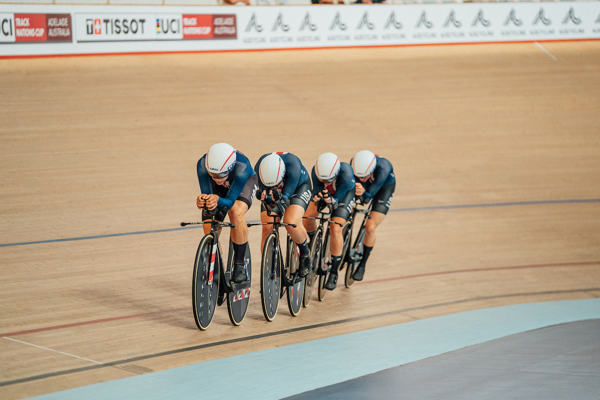 Photo by Zac Williams/SWpix.com - 02/02/2024 - Cycling - Tissot UCI Track Nations Cup - Round 1: Adelaide - Adelaide Super-Drome, South Australia - Jennifer Valente, Lily Williams, Olivia Cummins, Kristen Faulkner, USA