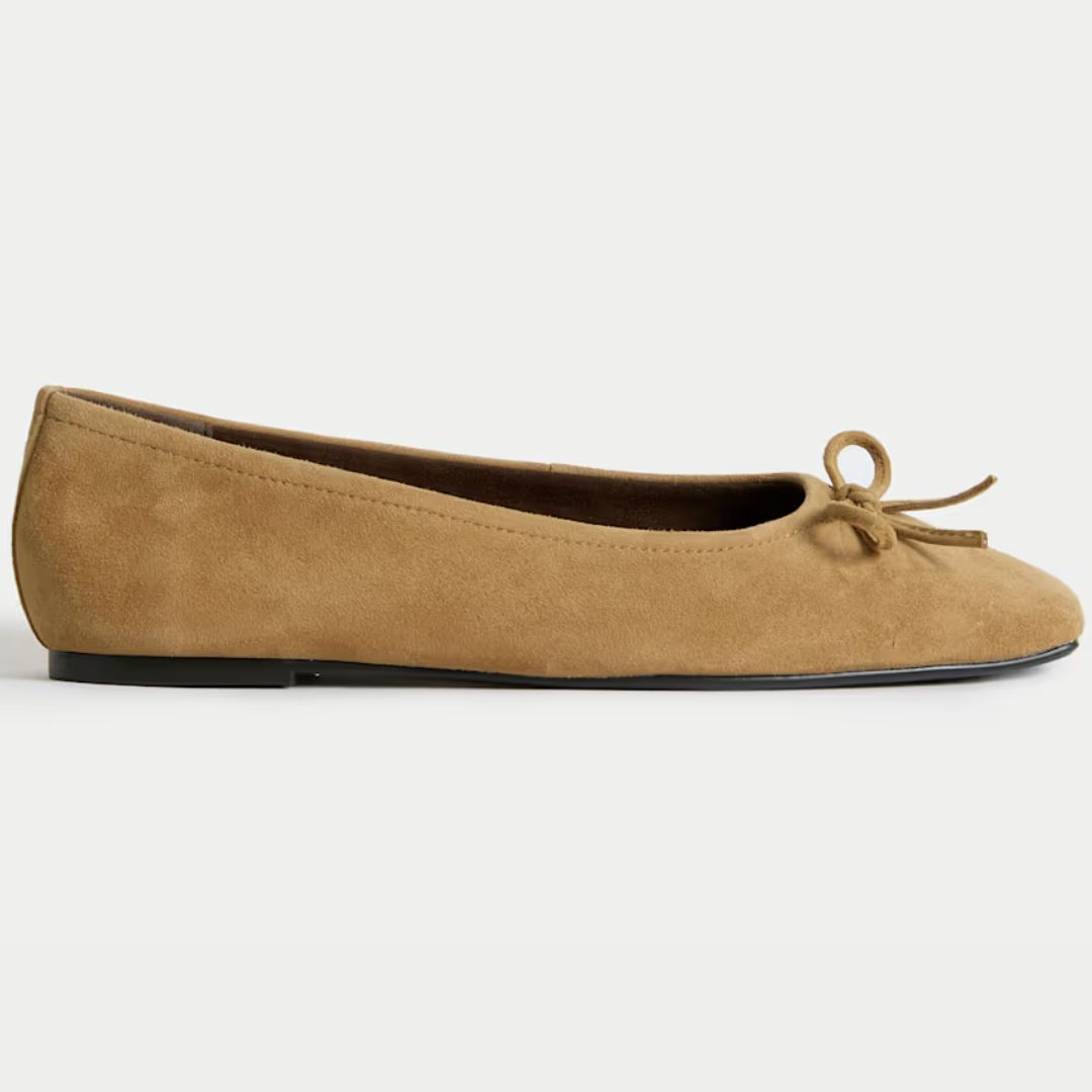 M&S Suede Bow Square Toe Ballet Flats