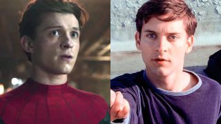 Tom Holland and Tobey Maguire as Spider-Man/Peter Parker