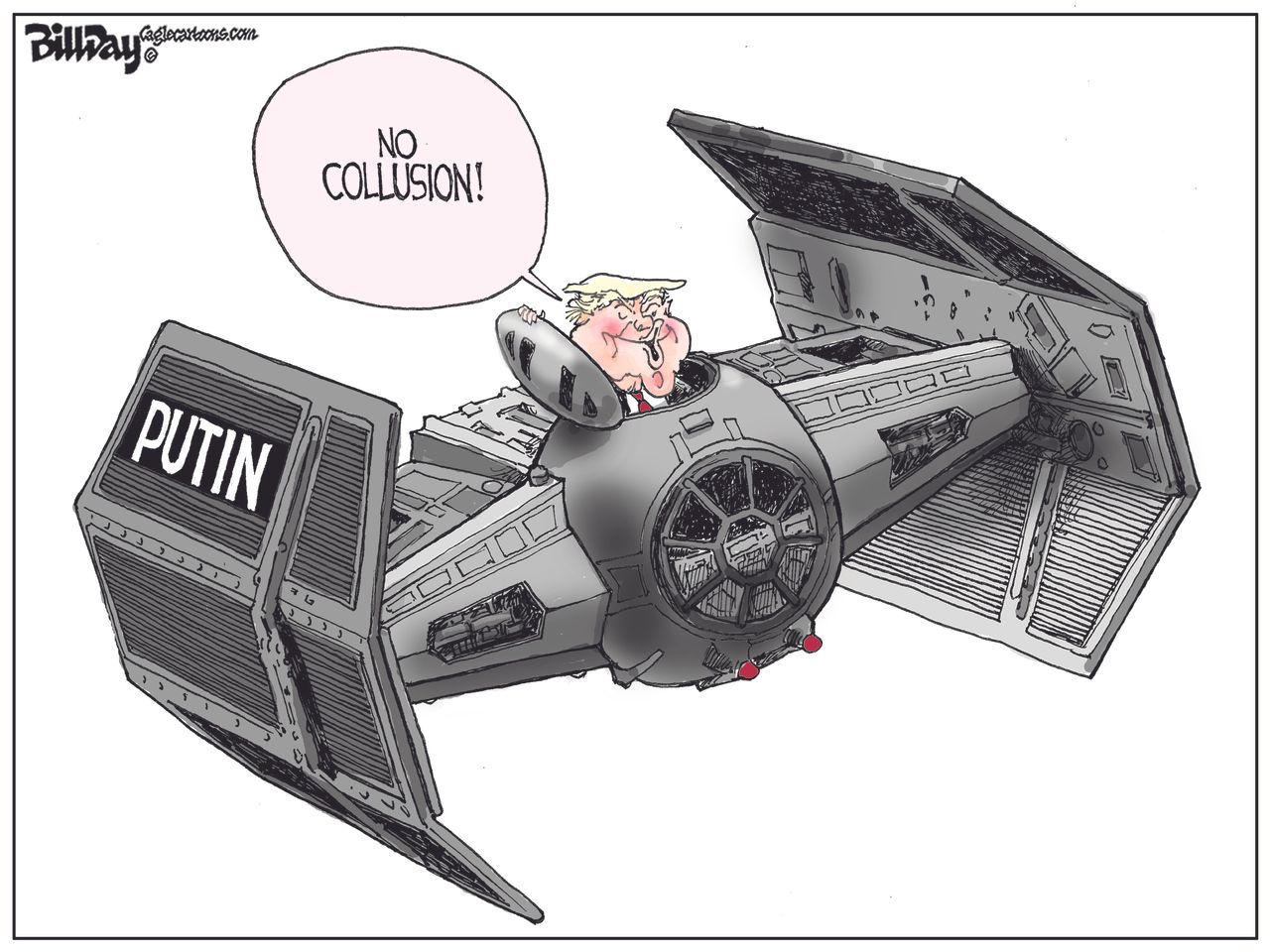 Political cartoon U.S. Trump russia no collusion Putin star wars