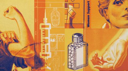 Photo collage of pills, syringes, a woman's flexed arm, and medical ephemera