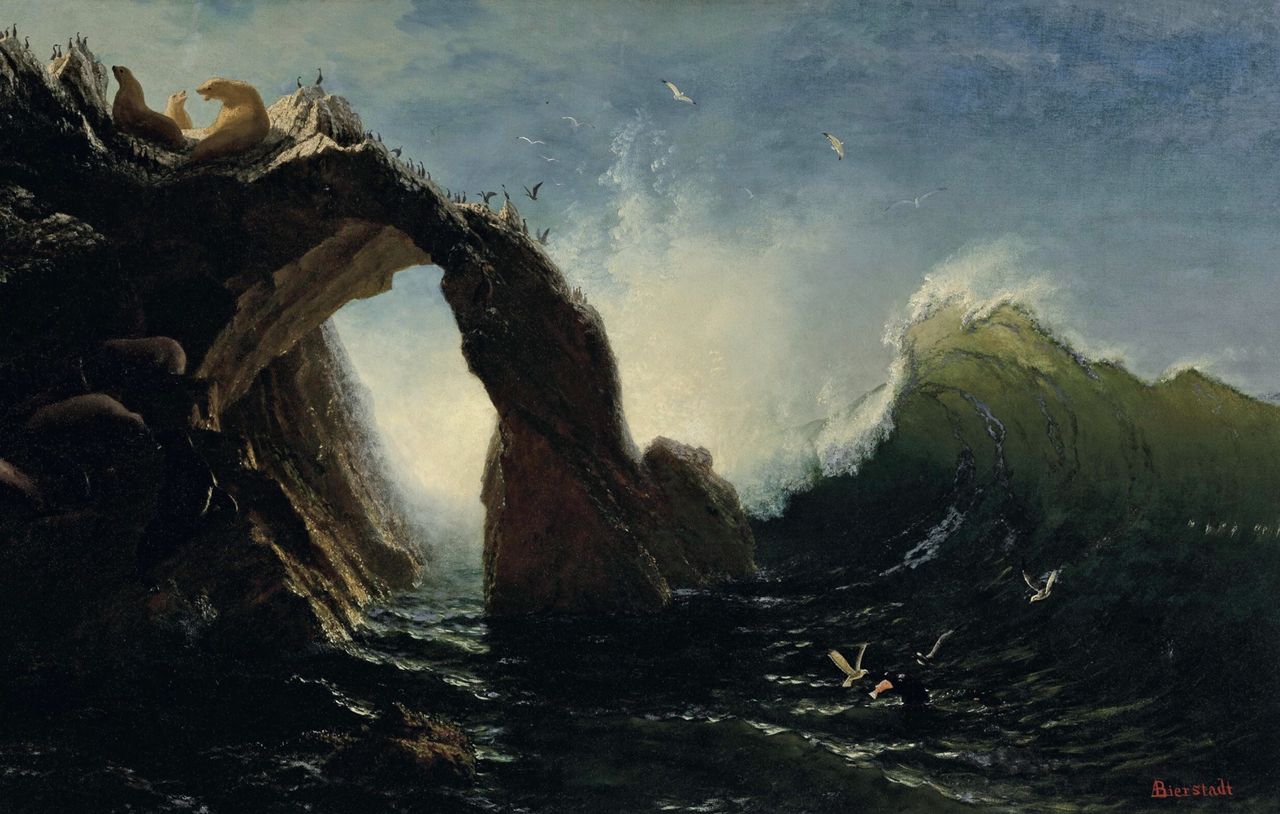 Seal Rock, Farallon Islands, 1872, oil on paper laid down on canvas, 16in by 22in, by Albert Bierstadt (1830–1902), private collection.