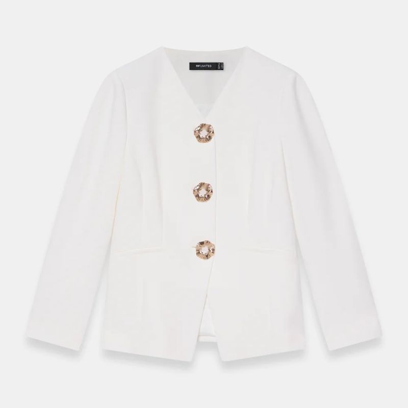 A white blazer with gold buttons and no lapel by Mint Velvet