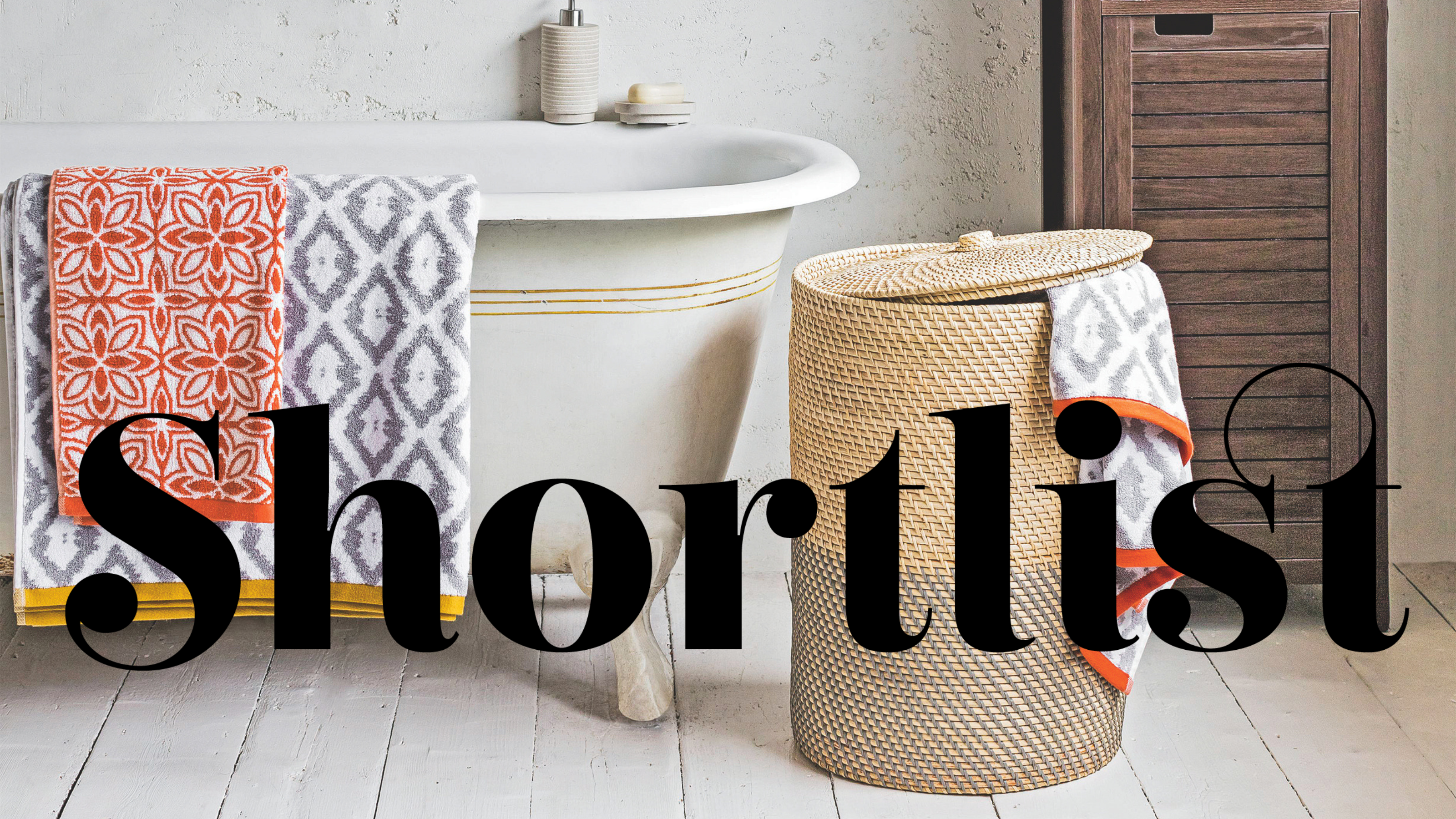 Woven laundry basket in bathroom.