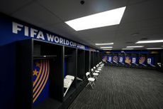 FIFA World Cup 2026 banner in a locker room at Gillette Stadium