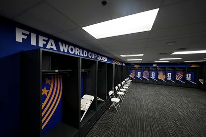 FIFA World Cup 2026 banner in a locker room at Gillette Stadium