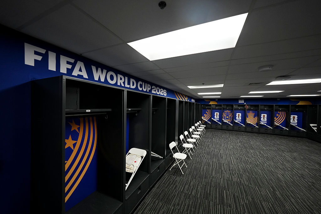 FIFA World Cup 2026 banner in a locker room at Gillette Stadium