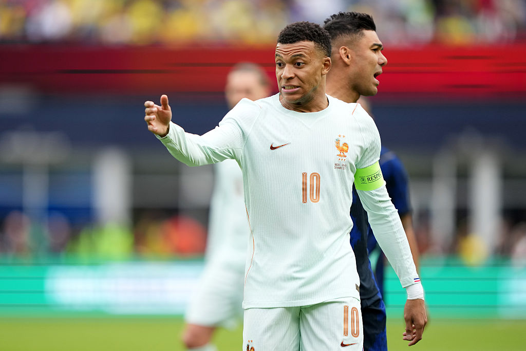 Kylian Mbappe of France gestures 