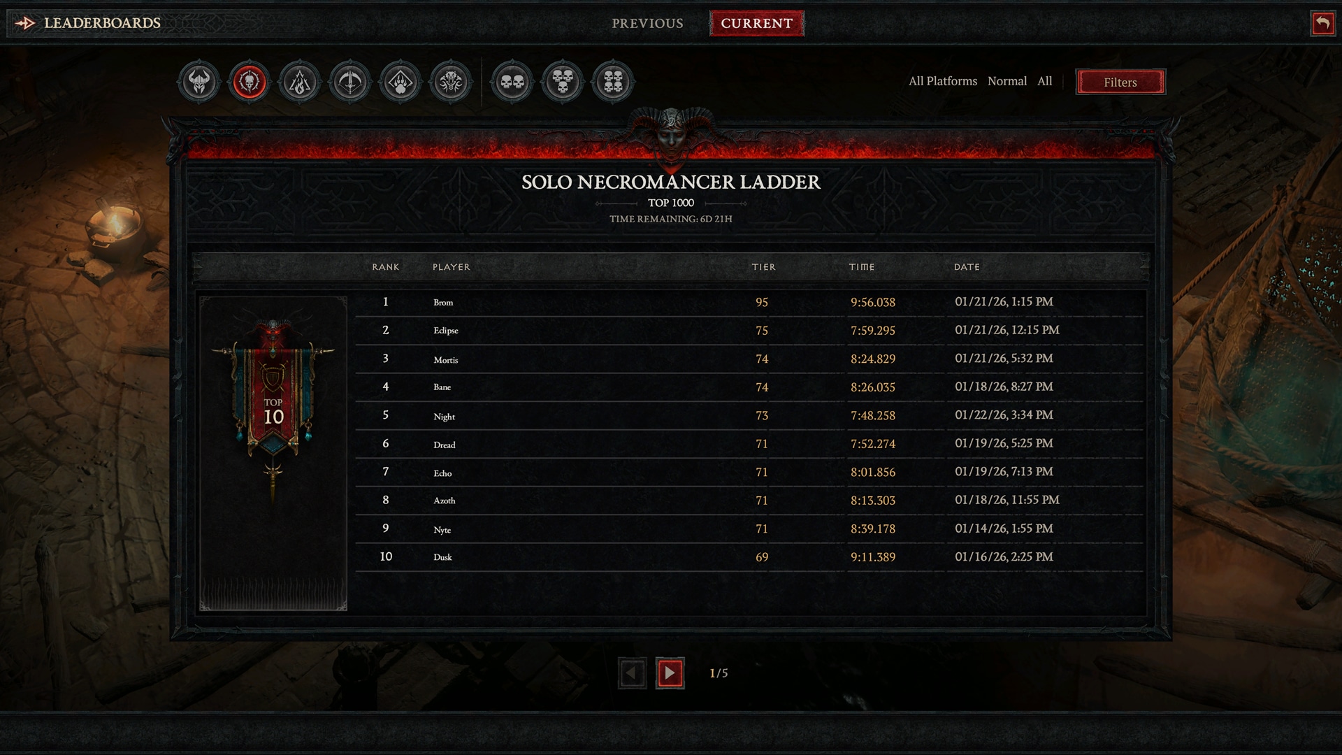 Screenshot from Diablo 4 showing Necromancer leaderboard in The Tower
