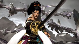 Hien, from Final Fantasy 14's Stormblood Expansion, levels a katana towards the viewer while riding atop Mol, giant birds.