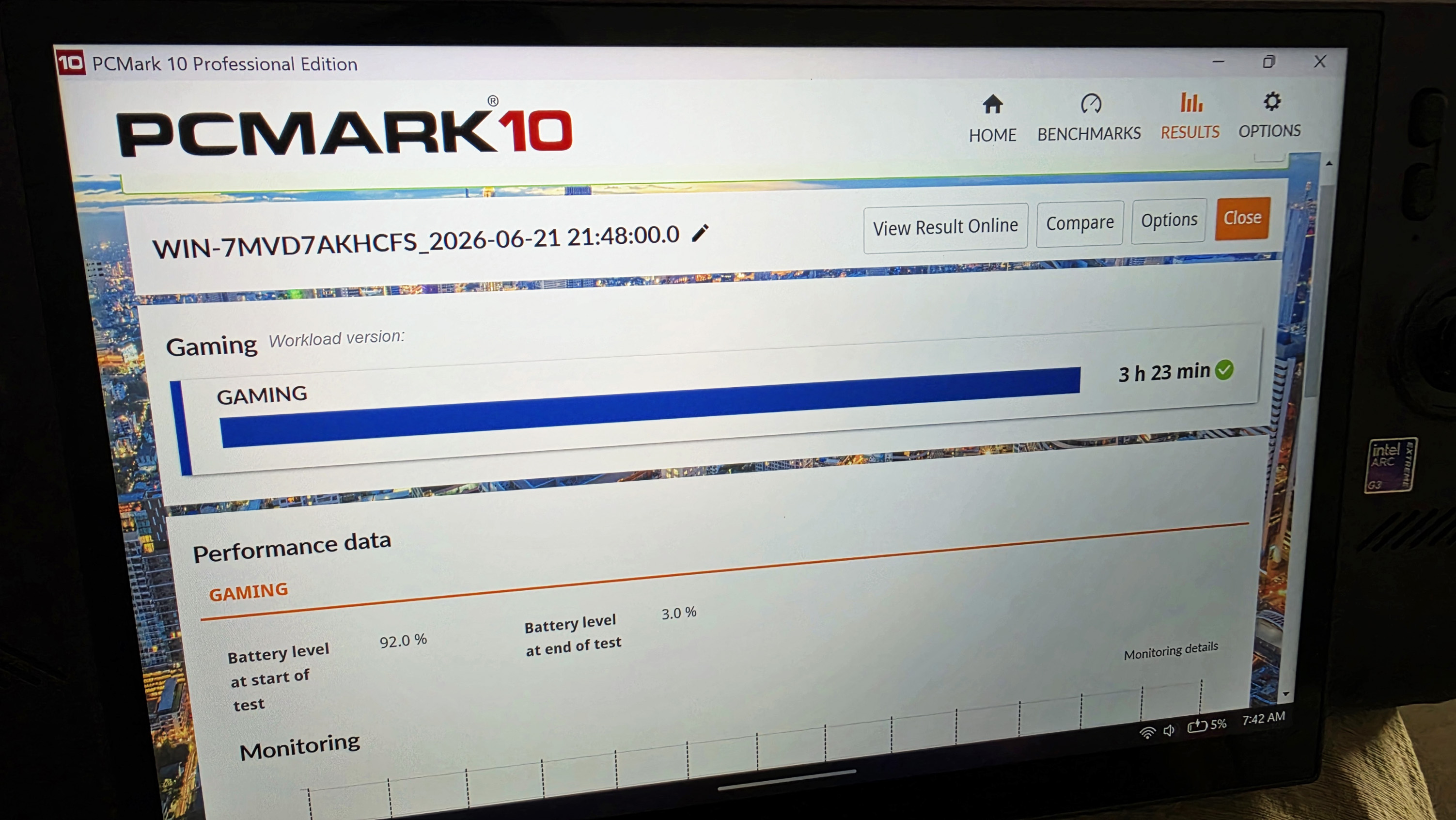 Photo of PCMark 10's Gaming battery test results showing 3 hours and 23 minutes.