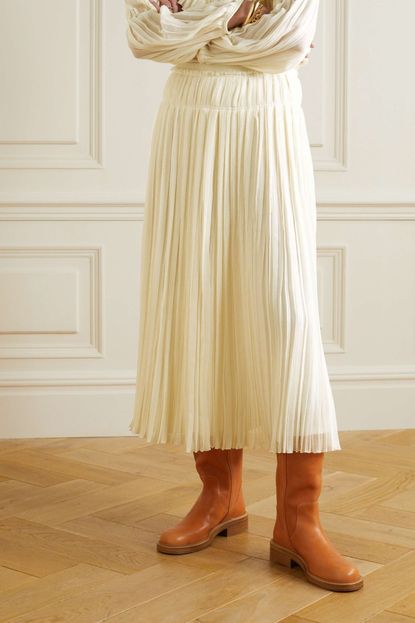 White + NET SUSTAIN Asymmetric Pleated Wool-Gauze Midi Skirt