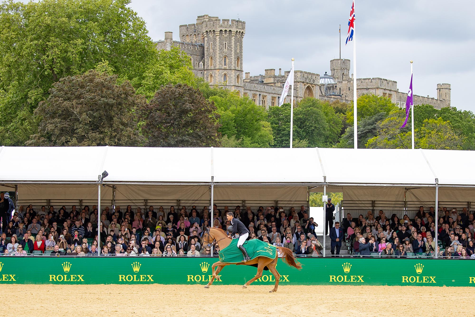 A winning horse and rider wearing a Rolex rug canter past the packed Royal Windsor stands with Windsor Castle towering above.