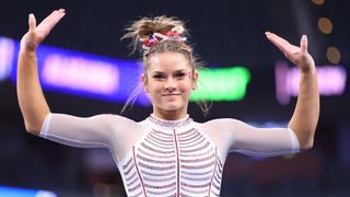 Jordan Bowers of the Oklahoma Sooners competes in the floor ahead of the NCAA Gymnastics Finals 2024