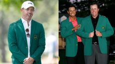 Rory McIlroy wearing the green jacket and a white cap, and Tiger Woods and Phil Mickelson posing in their green jackets