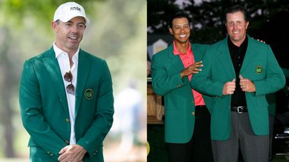 Rory McIlroy wearing the green jacket and a white cap, and Tiger Woods and Phil Mickelson posing in their green jackets