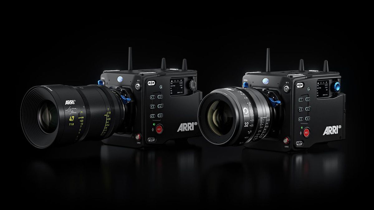 ARRI Alexa 35 next to the ARRI Alexa 35 Base model on black background with moody lighting