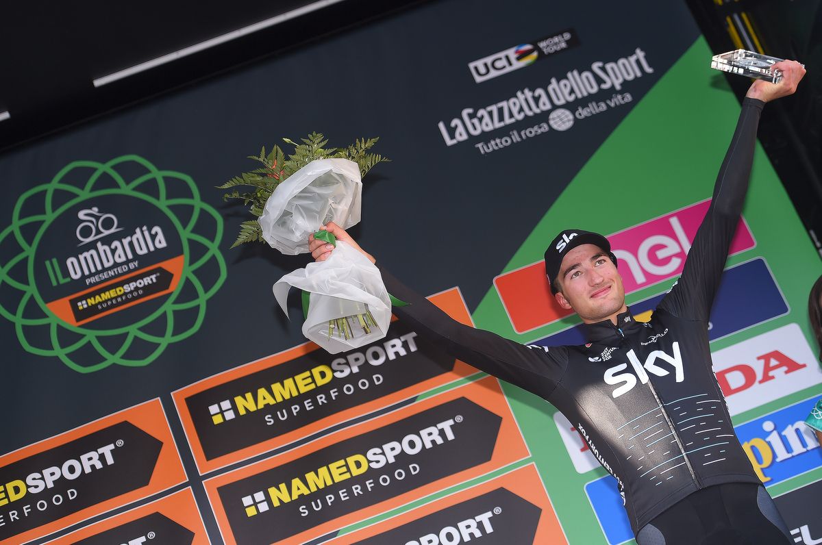 Gianni Moscon (Team Sky)on the Il Lombardia podium