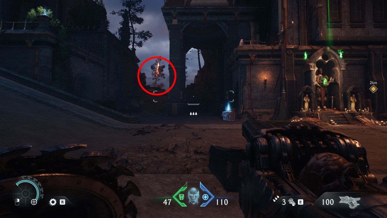 Doom: The Dark Ages Sentinel Barracks secrets - A codex next to a burning tree down an alley.