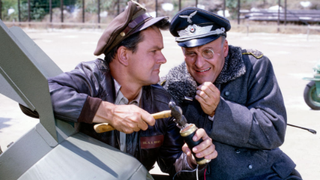 Bob Crane as Colonel Robert Hogan, Werner Klemperer as Colonel Wilhelm Klink in the HOGAN'S HEROES episode, "Is General Hammerschlag Burning?" Episode aired November 18, 1967.