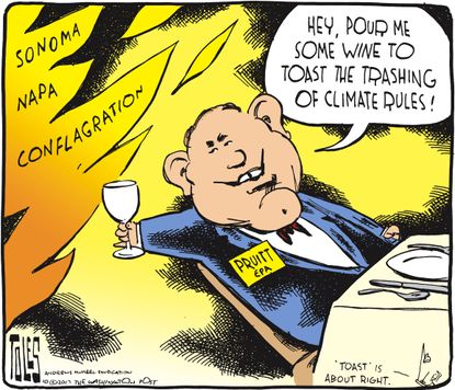 Political cartoon U.S. California fire climate change Pruitt EPA clean power plan