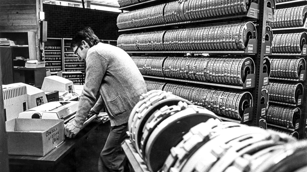 Rolls of magnetic tape storage pictured in a computer room at Lovanio University, Belgium, in the 1970&#039;s