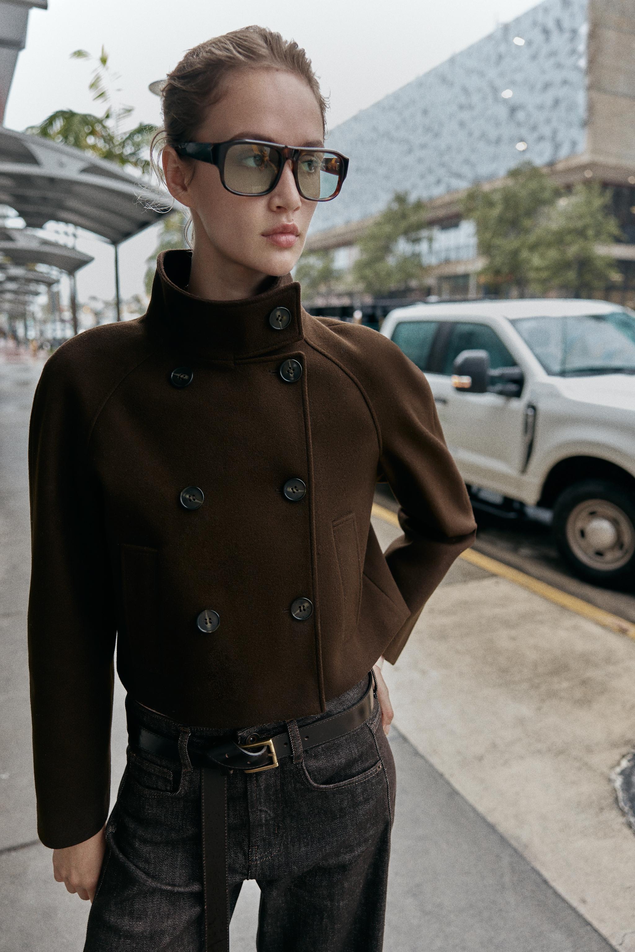 Short Double-Breasted Coat With High Collar