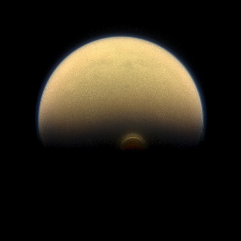 The rain that falls through the skies of the big Saturn moon Titan is made of methane. This view of Titan was captured by NASA&#039;s Cassini spacecraft in January 2013.