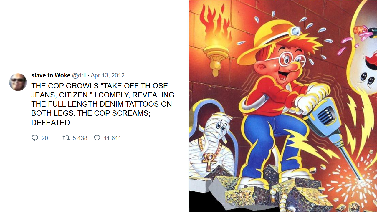 A dril tweet alongside art from the game P. P. Hammer and his Pneumatic Weapon