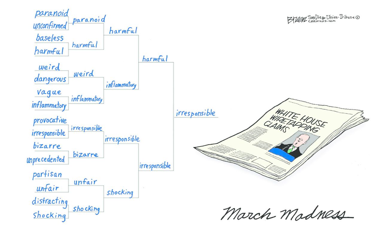 Political Cartoon U.S. President Trump administration wiretap claim crazy March Madness