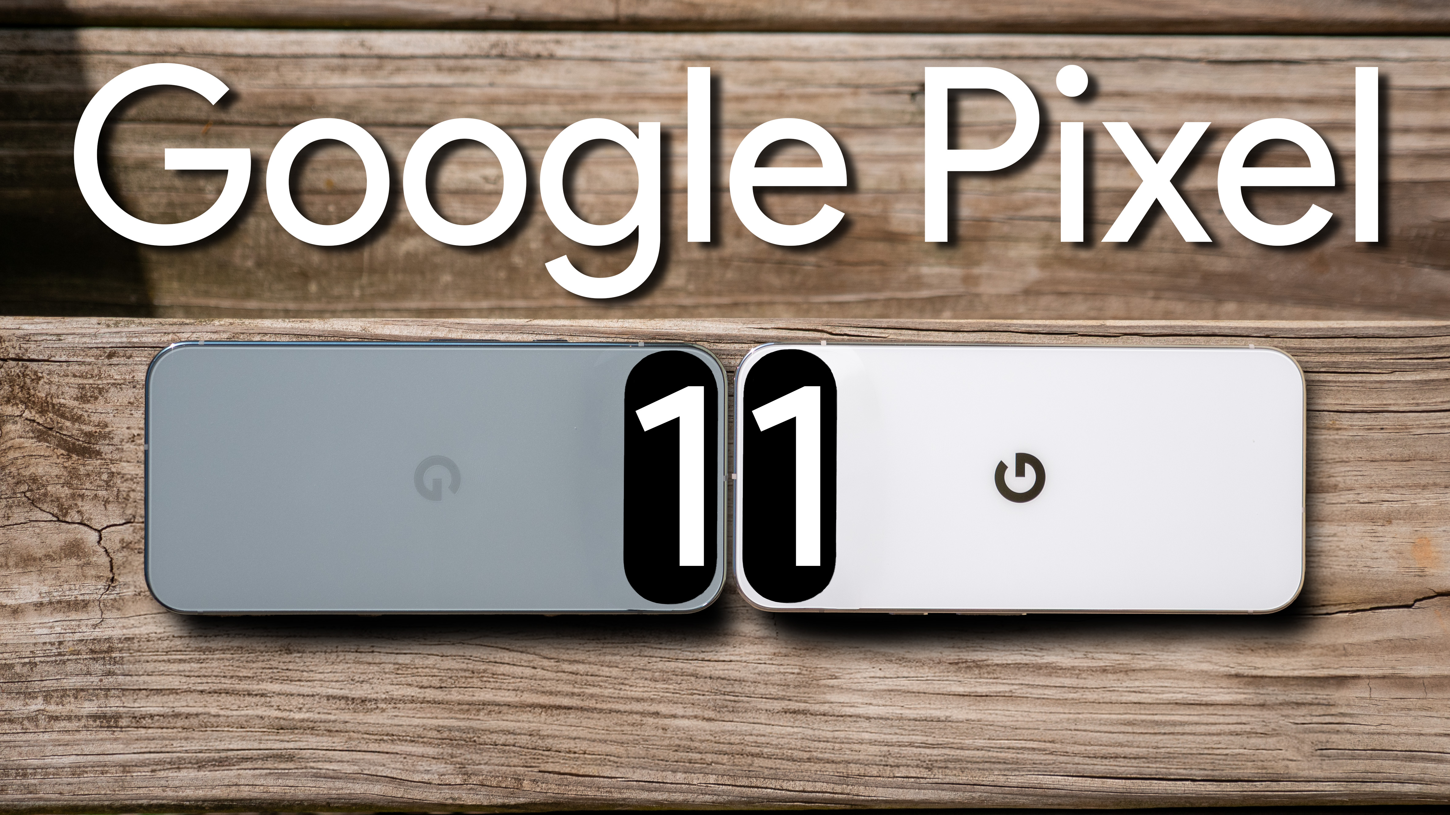 Two Google Pixel phones on a wood staircase with a silhouetted camera island and the number 11 inside