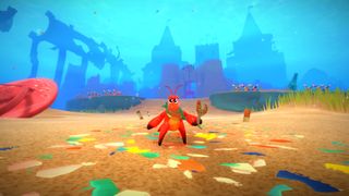 Aggro Crab screenshot showcasing a cartoonish red crab standing on the sandy ocean floor