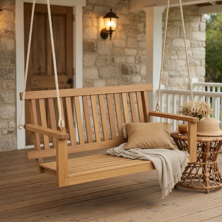 Topcobe 2-Seat Acacia Wood Porch Swing Bench With 2 Hanging Hemp Ropes, Outdoor Patio Furniture for Garden Backyard Pool Deck