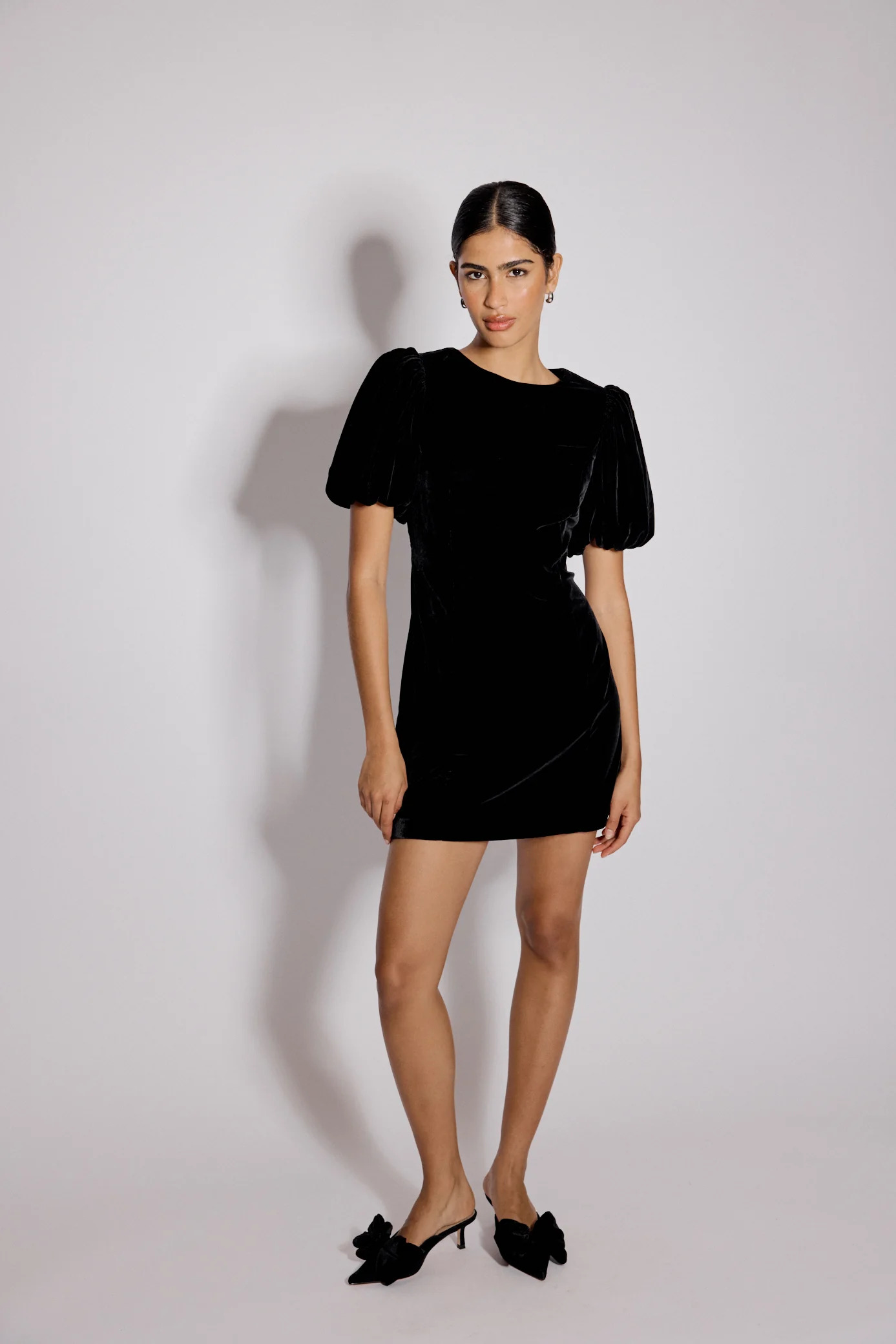 Black puffy shoulder mini velvet dress