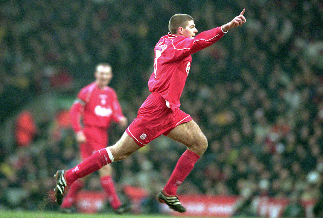Steven Gerrard of Liverpool celebrates during the FA Carling Premiership match against Arsenal played at Anfield, in Liverpool, England. Liverpool won the match 4-0.