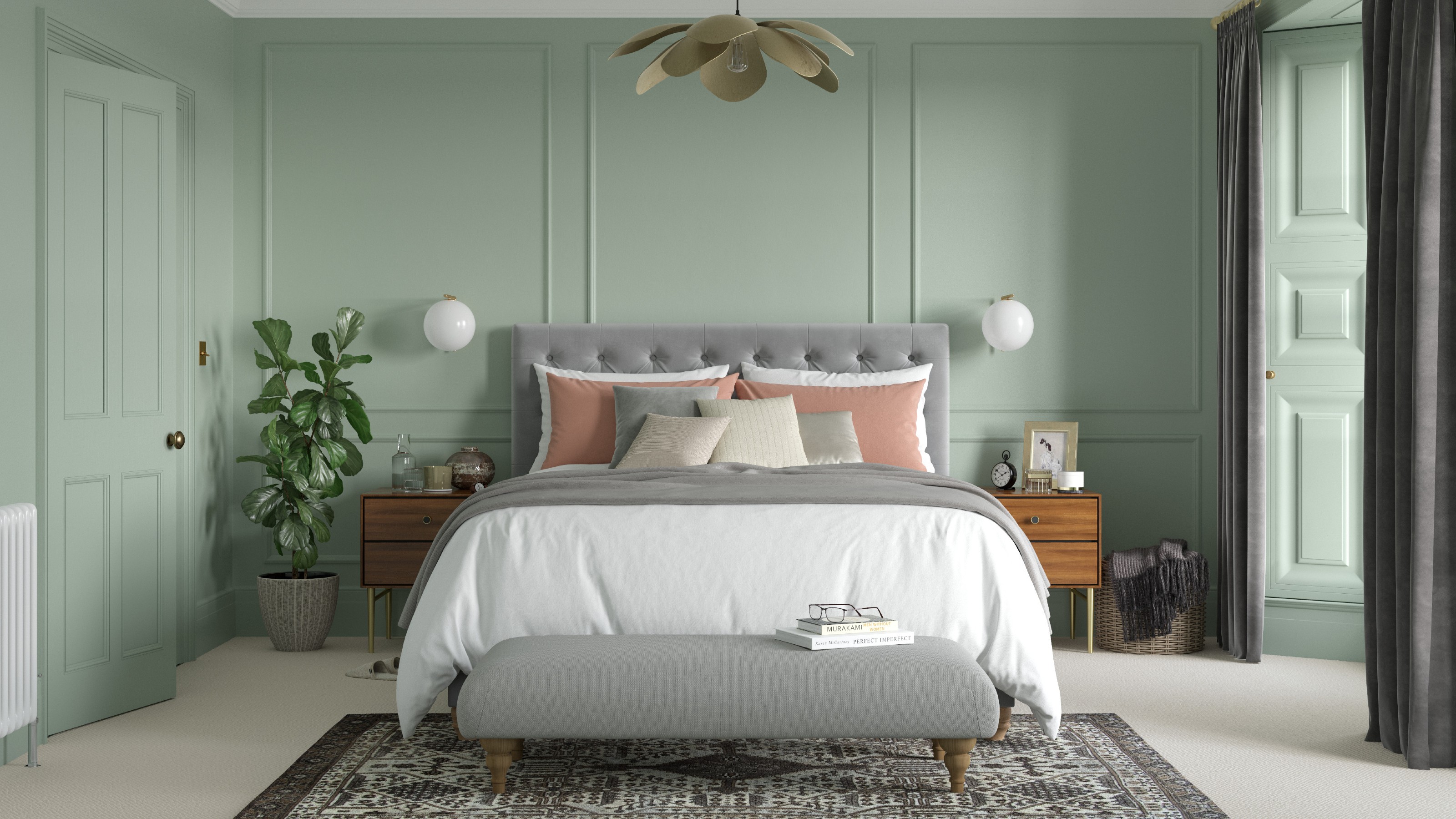 A bedroom painted in the Sage Green shade by Dulux Heritage with panelled walls