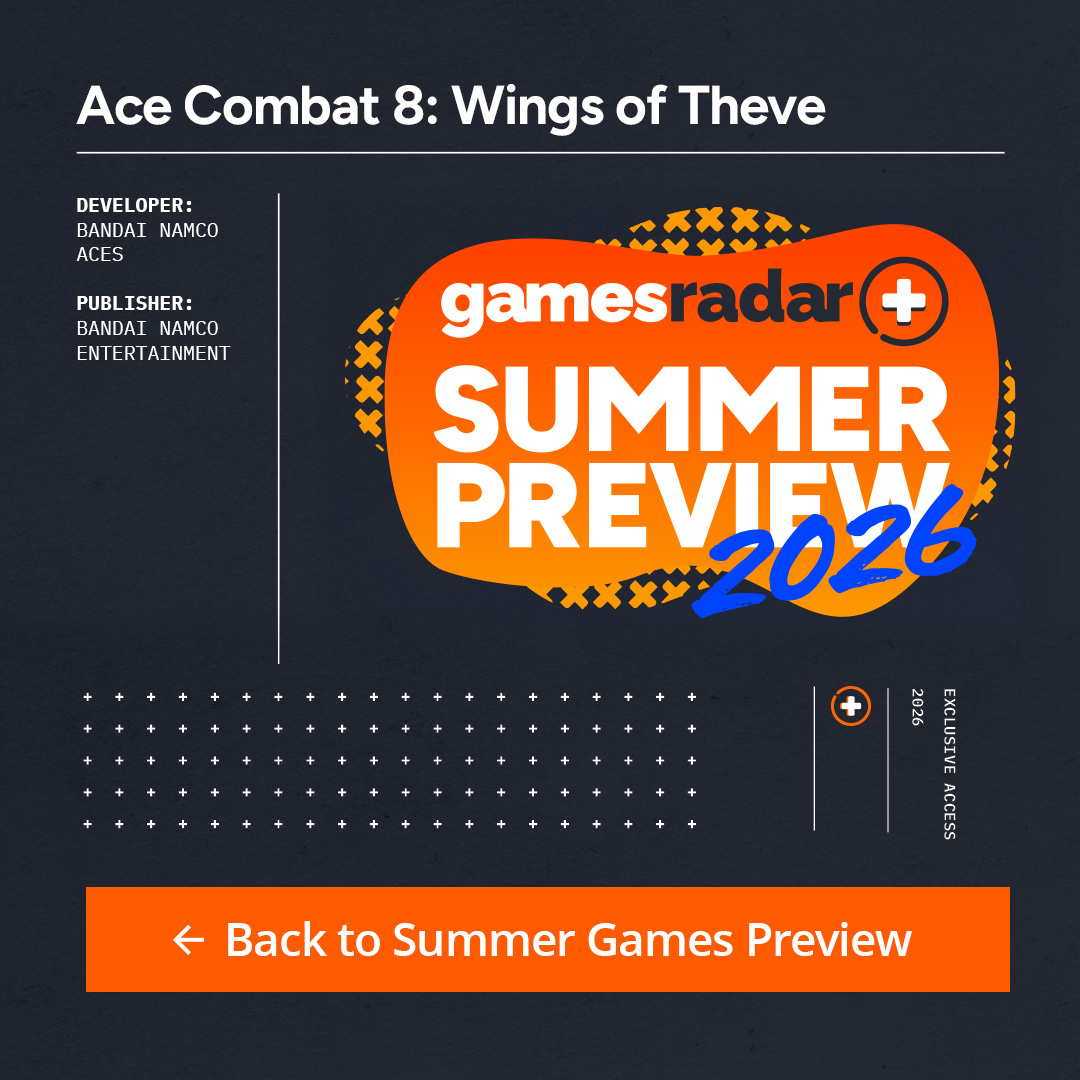 The GamesRadar+ Summer Preview 2026 info box for Ace Combat 8: Wings of Theve, listing the developer and publisher as Bandai Namco Entertainment