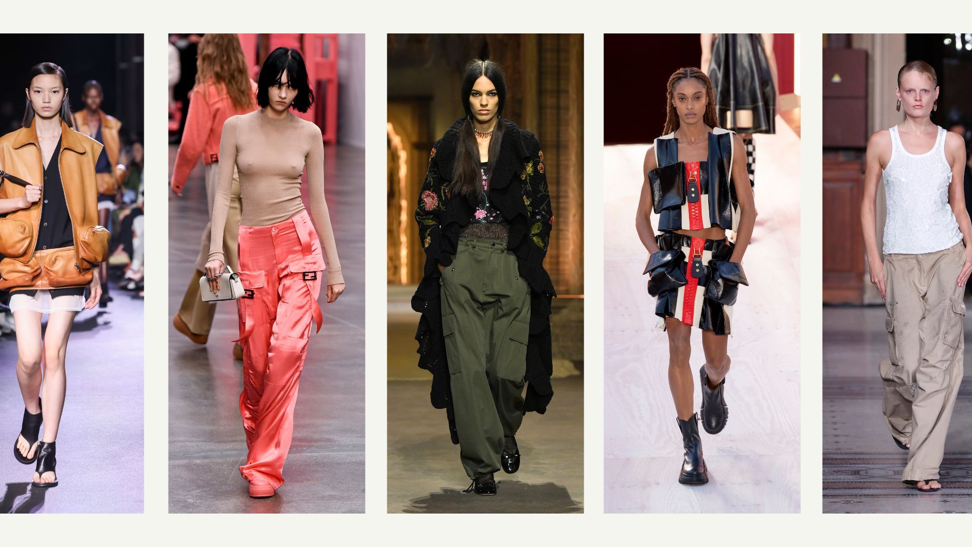 a composite of models on the runway showing fashion trends 2023 statement pockets