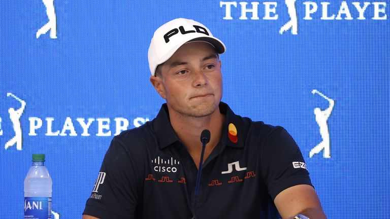 Viktor Hovland speaks to the media after final round of Players Championship