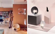 Left: one of the designers. Right: lamps with a metal disk folded in half vertically with a lightbulb in front