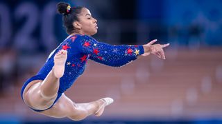 Jordan Chiles competes at the floor on day two during the qualification of the women in gymnastics at the Olympic Games at Ariake Gymnastics Centre on July 25, 2021 in Tokyo, Japan.