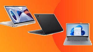 Three of the best Lenovo laptops on an orange background