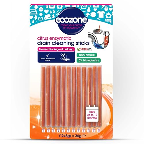 Ecozone Drain Cleaning Sticks, Enzymatic Pipe Unblocker, Prevents Plug Hole Obstructions &amp;amp; Keeps Water Flowing Freely, Natural Vegan &amp;amp; Non Toxic Kitchen &amp;amp; Bathroom Treatment Kit (x 12, 1 Year Supply)