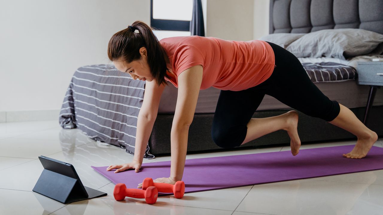 Women performing mountain climber exercises at home